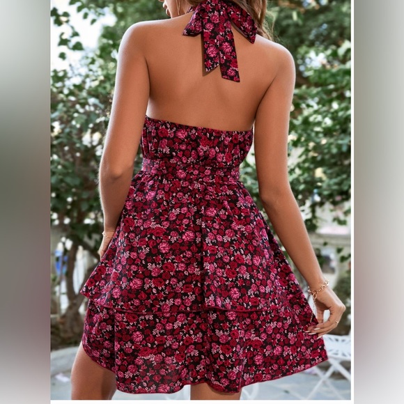Rose Floral Print Layered Ruffle Hem Belted Halter Dress - Picture 2 of 9